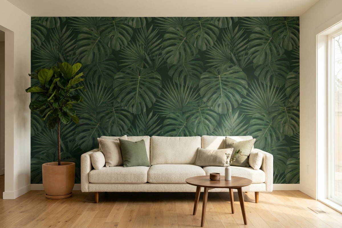 After wallpaper installation — living room with botanical accent wall
